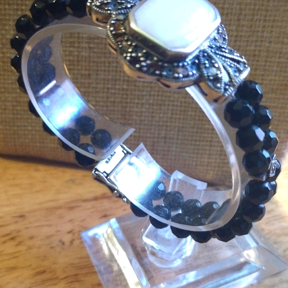 MARCHASITE  MOTHER OF PEARL OBSIDIAN DOUBLE BEADED BLACK BRACELET - Picture 6 of 9